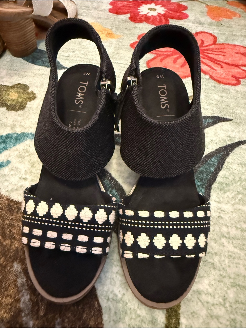 TOMS Black Embroidered Open-Toe Slingback Sandals